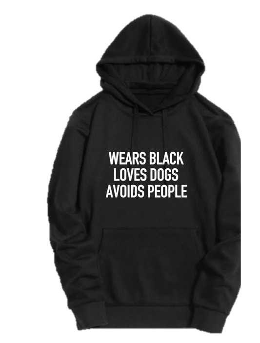 WEARS BLACK LOVES DOGS AVOIDS PEOPLE